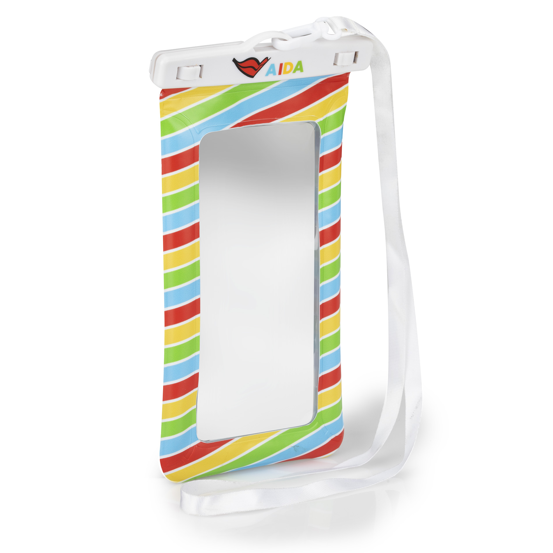 Transparente, rechteckige PVC-Hülle mit buntem Rand in Regenbogenfarben und schwarzem Verschlussmechanismus, geeignet für gängige Smartphones.