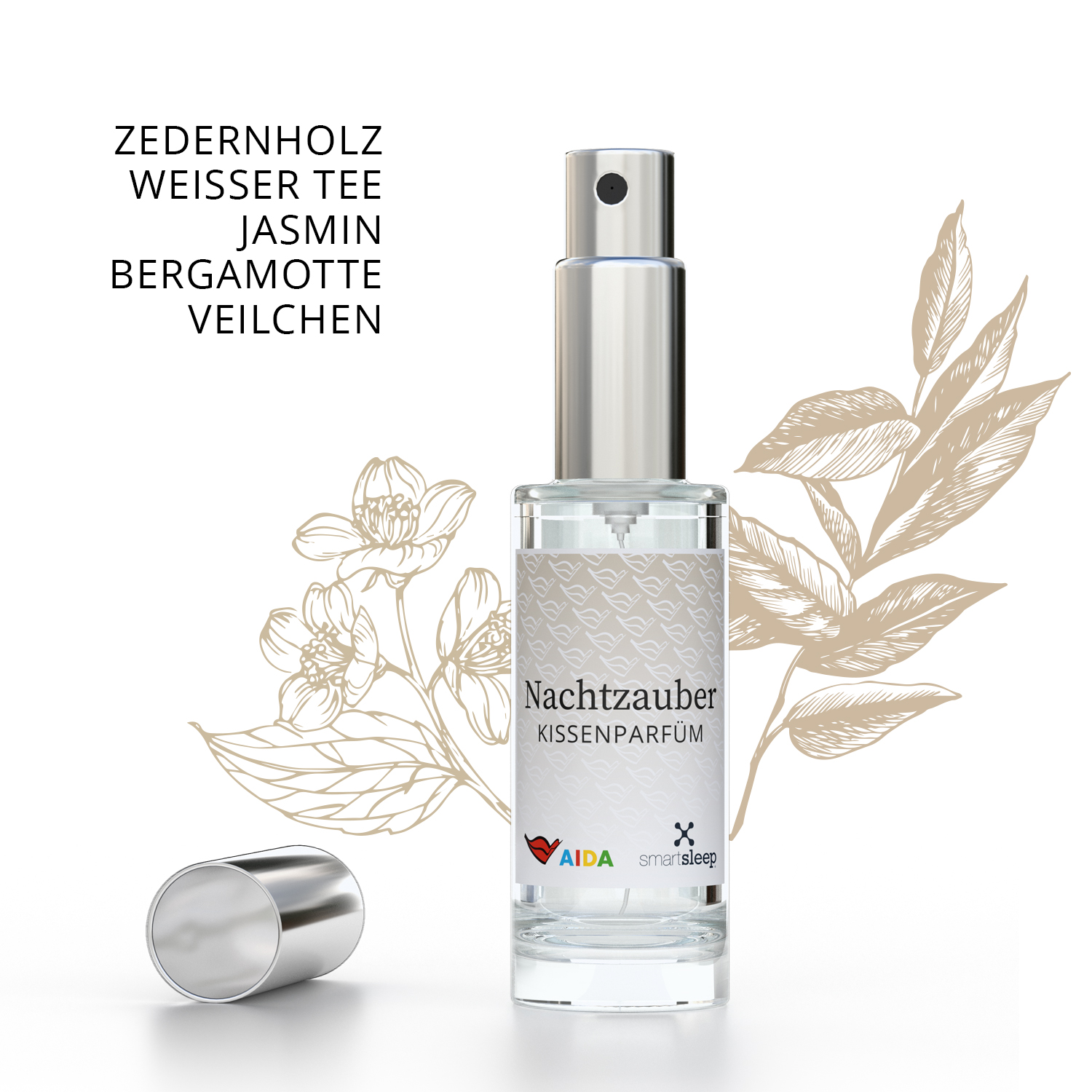 AIDA Kissenspray Nachtzauber  Vorderansicht der 10‑ml Glasflasche mit Zerstäuber, weißer Aufdruck und AIDALogo