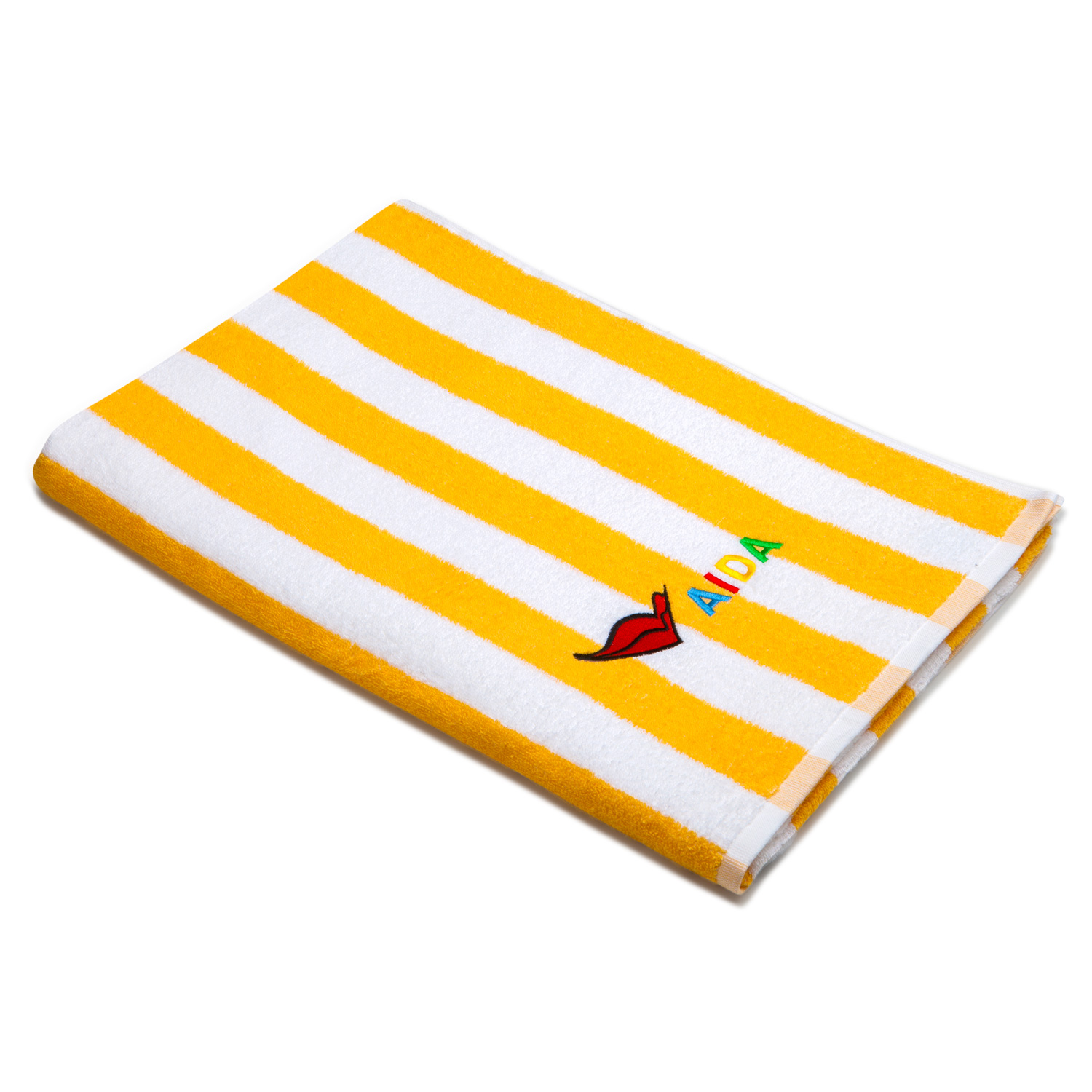 Gelb-weiß gestreiftes Frotteehandtuch mit gesticktem AIDA-Logo, rechteckig gefaltet – AIDA Pool-Handtuch (70 × 200 cm).