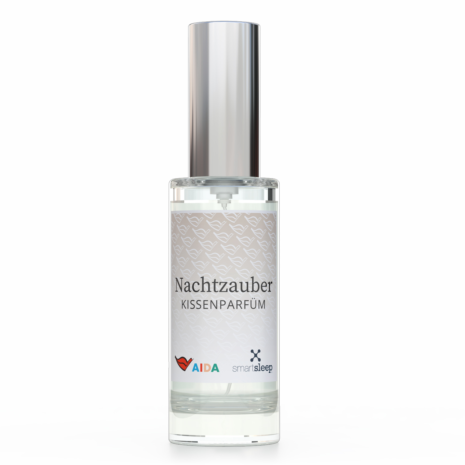 AIDA Kissenspray Nachtzauber – Vorderansicht der 10‑ml Glasflasche mit Zerstäuber, weißer Aufdruck und AIDA Logo