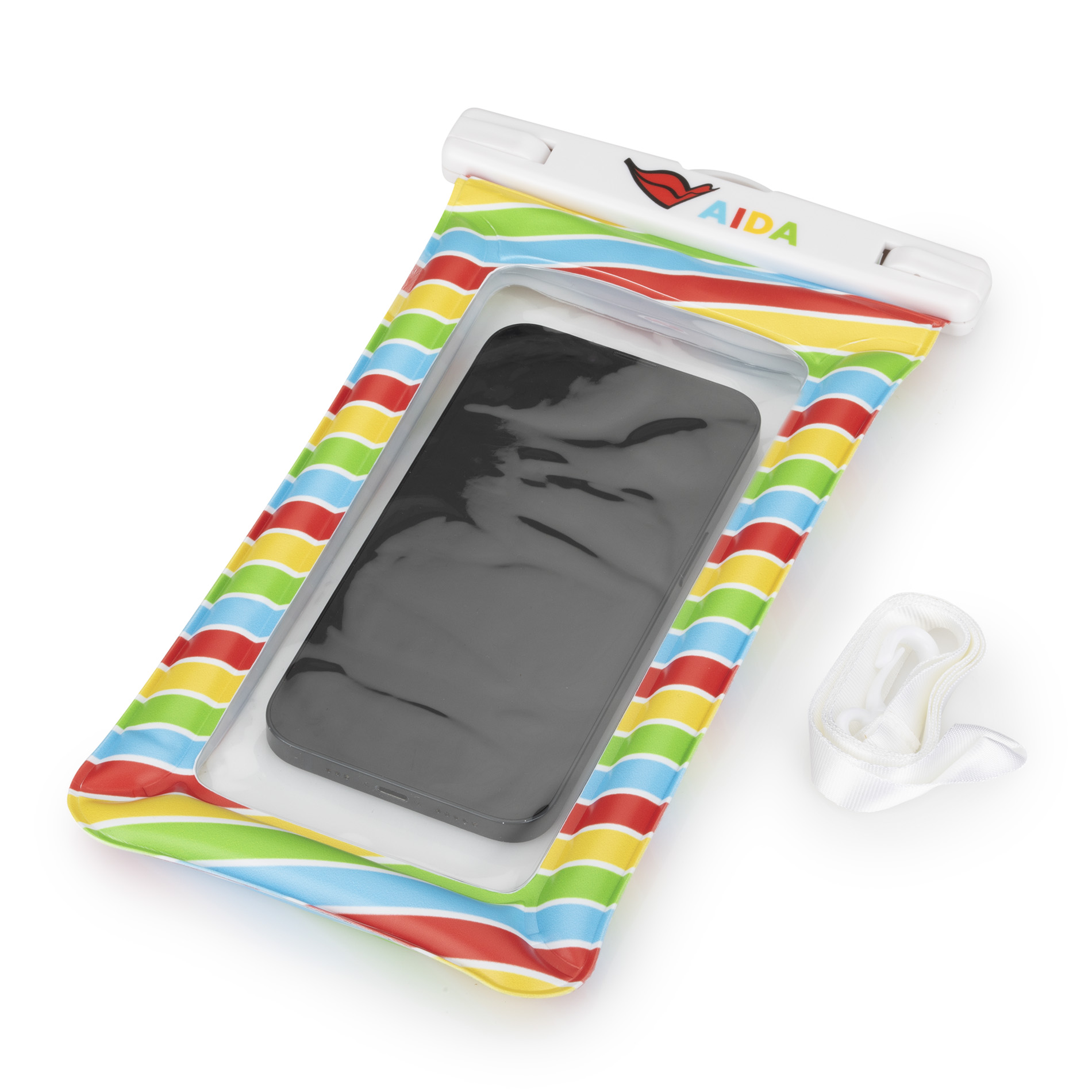 Transparente, rechteckige PVC-Hülle mit buntem Rand in Regenbogenfarben und schwarzem Verschlussmechanismus, geeignet für gängige Smartphones.